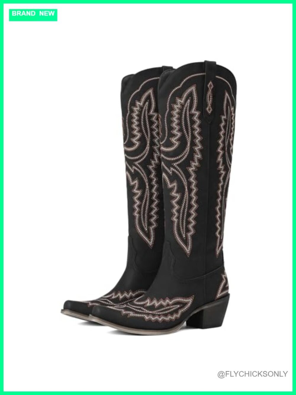 Knee High Cowboy Boots Embroidered Chunky Heel Faux Leather Western